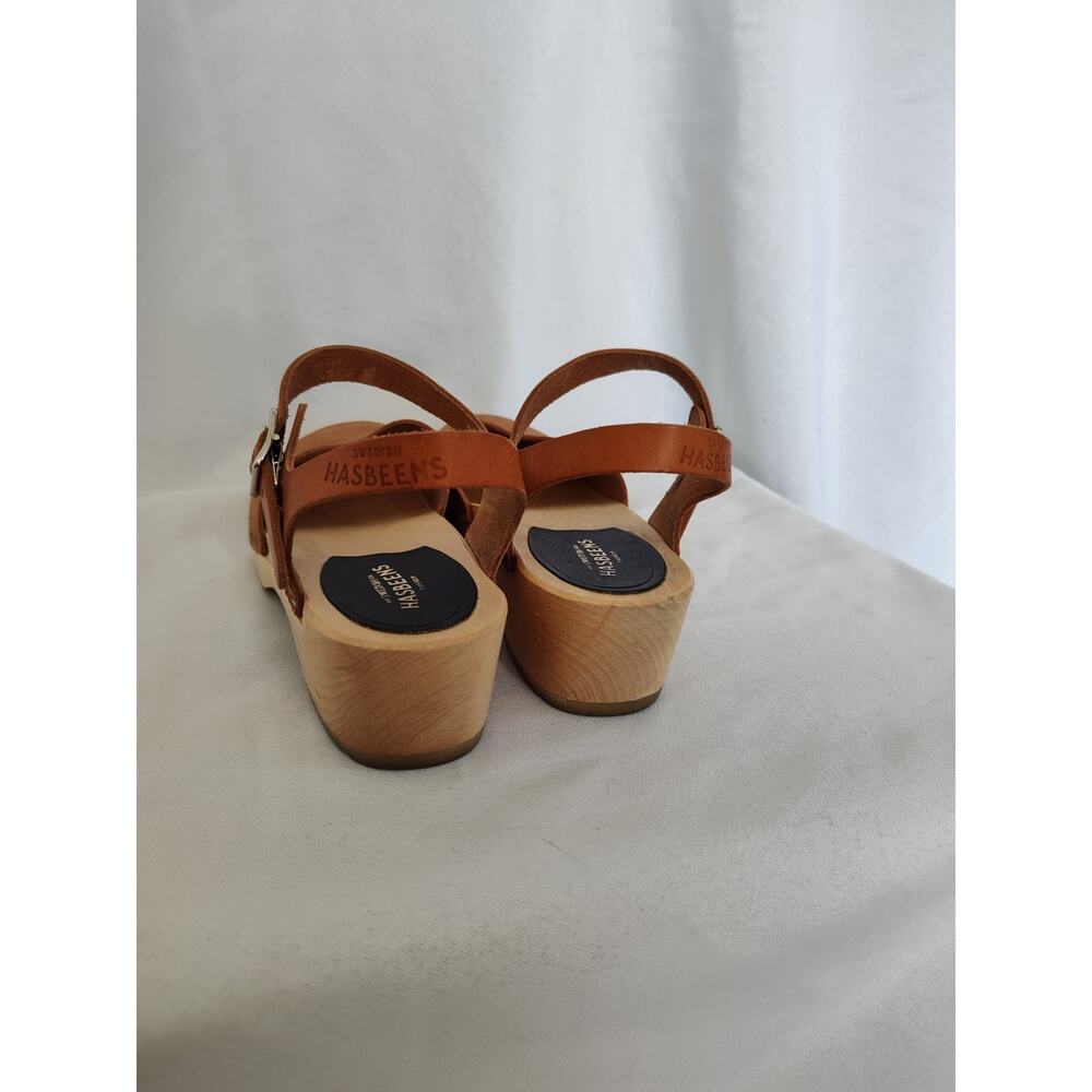 Swedish Hasbeens Women’s Brown Leather Ankle Strap Buckle Wood Clogs US 7 - Picture 4 of 6